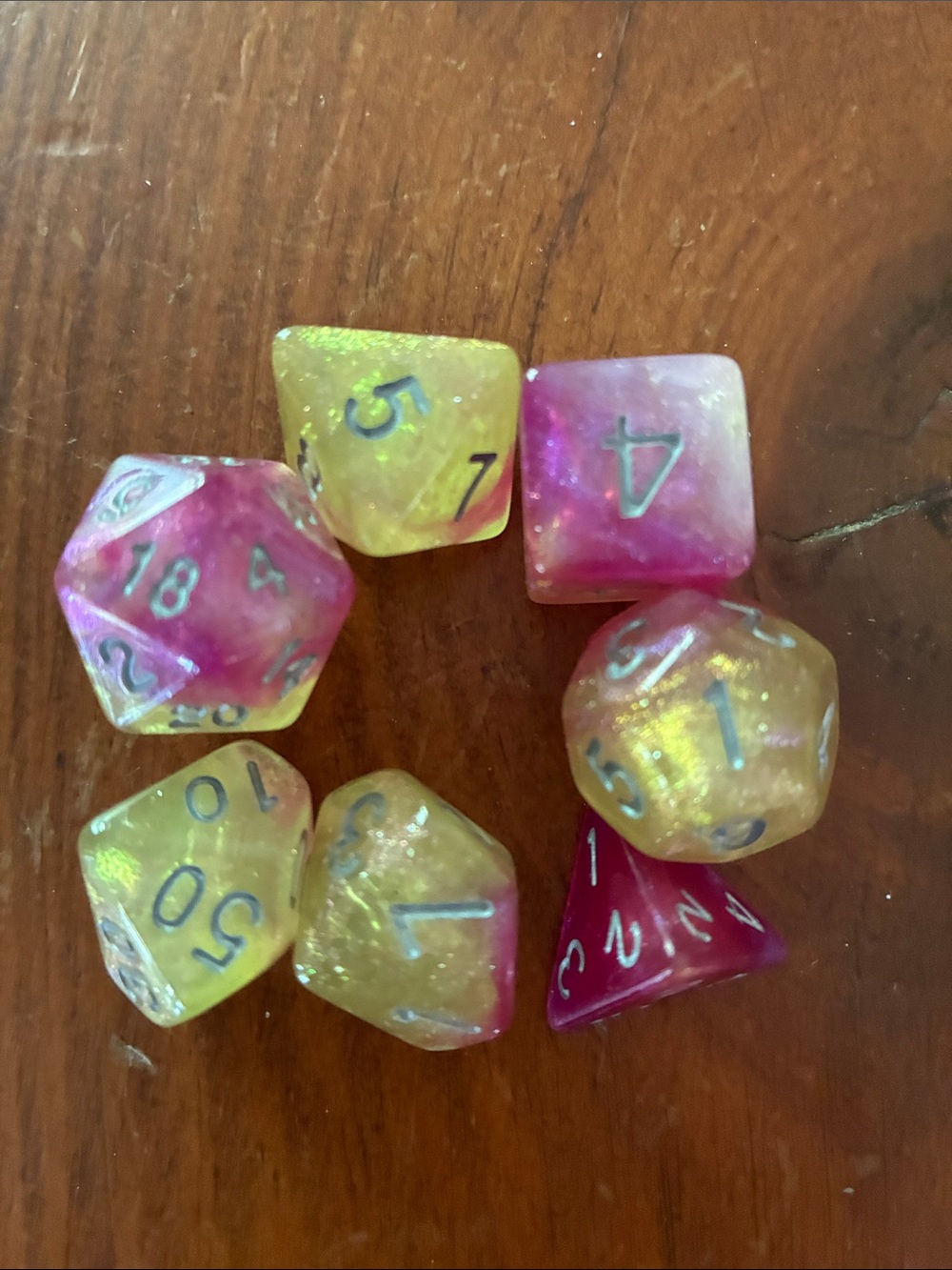 Pink & Yellow Glitter RPG Polyhedral Dice Set - Unbranded